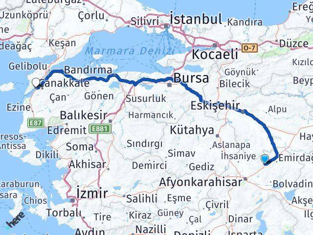 Afyonkarahisar Bayat Çanakkale Arası Kaç Km - Yol Haritası