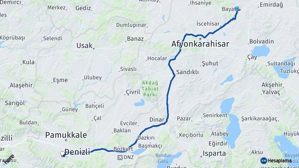 Afyonkarahisar Bayat Denizli Arası Kaç Km - Yol Haritası