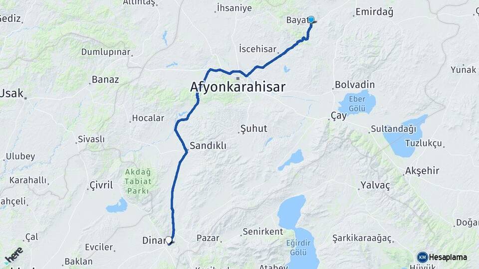 Afyonkarahisar Bayat Dinar Arası Kaç Km - Yol Haritası