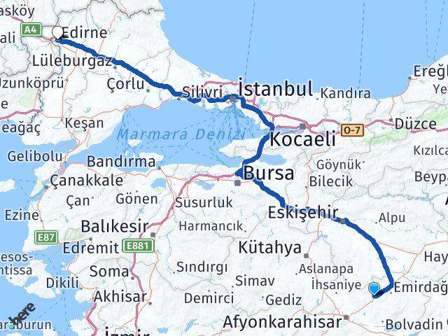 Afyonkarahisar Bayat Edirne Arası Kaç Km - Yol Haritası