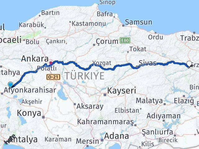 Afyonkarahisar Bayat Erzincan Arası Kaç Km - Yol Haritası