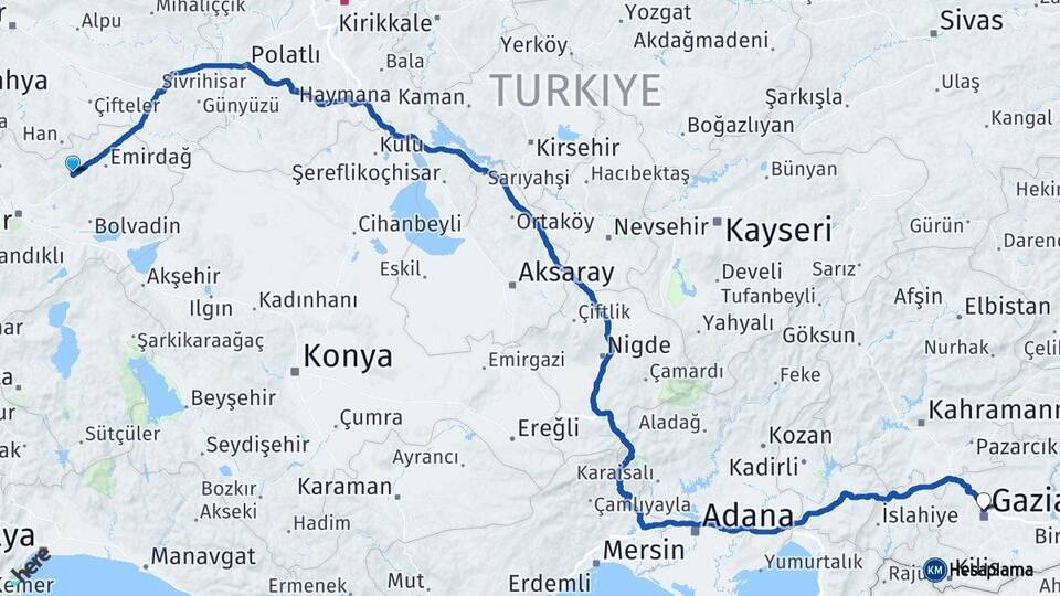 Afyonkarahisar Bayat Gaziantep Arası Kaç Km - Yol Haritası