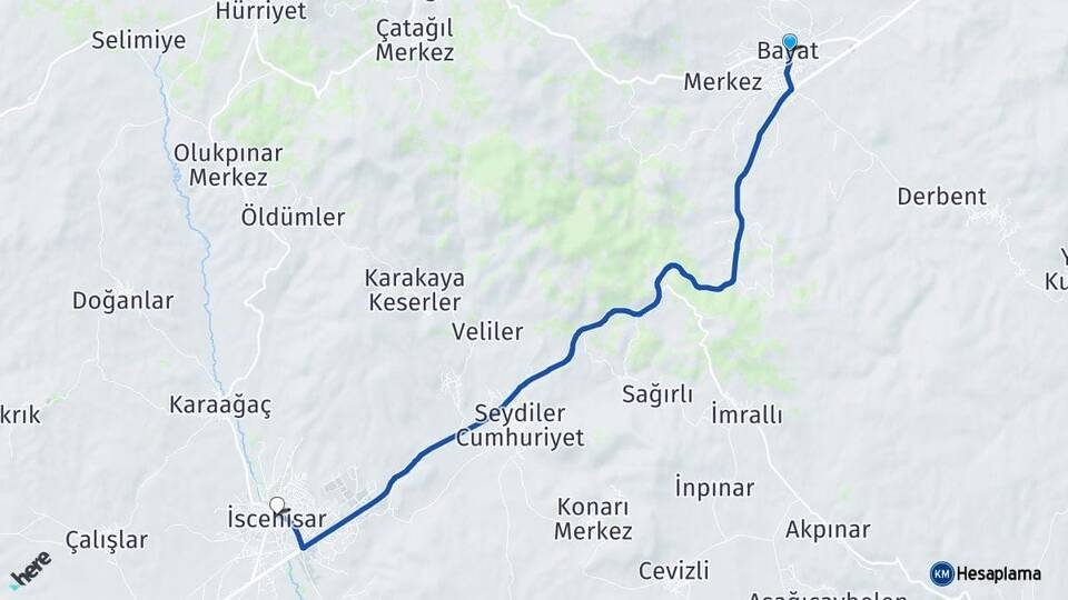 Afyonkarahisar Bayat İscehisar Arası Kaç Km - Yol Haritası