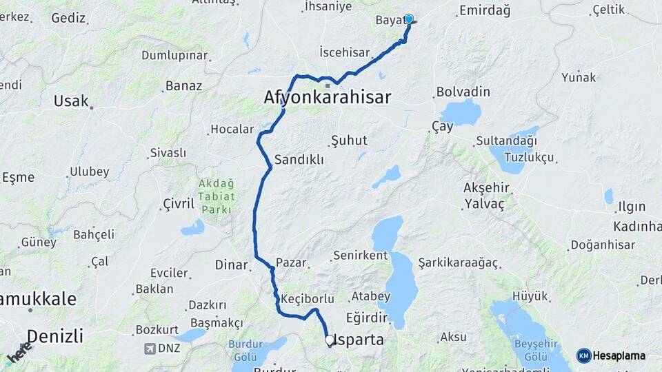 Afyonkarahisar Bayat Isparta Arası Kaç Km - Yol Haritası