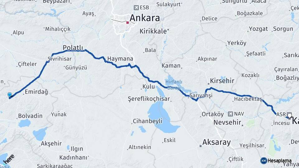 Afyonkarahisar Bayat Kayseri Arası Kaç Km - Yol Haritası