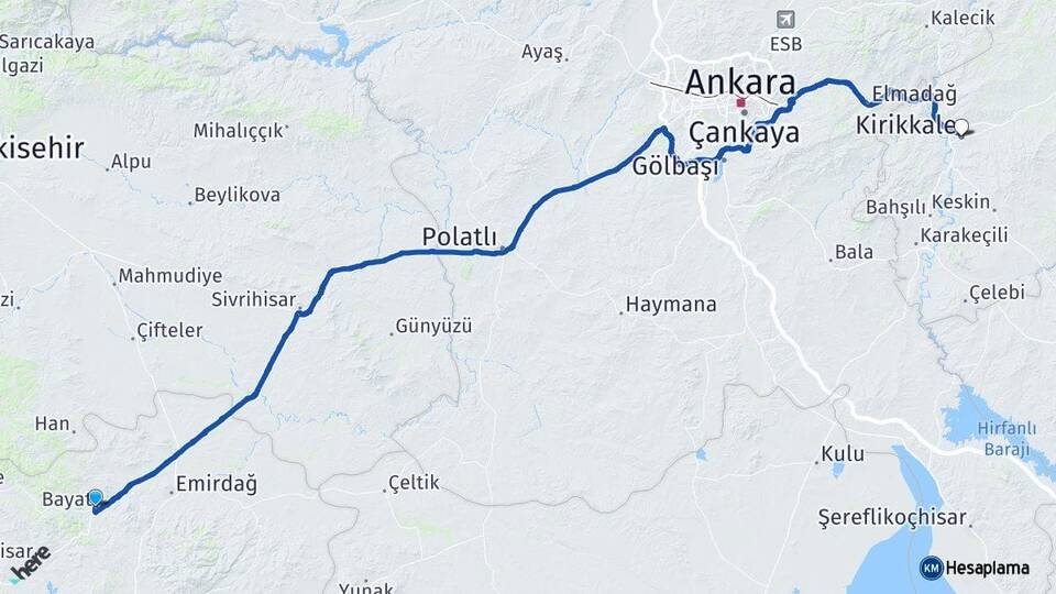 Afyonkarahisar Bayat Kırıkkale Arası Kaç Km - Yol Haritası