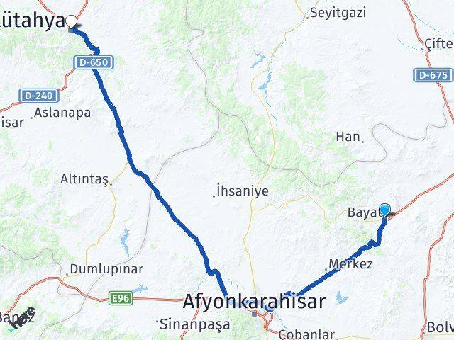 Afyonkarahisar Bayat Kütahya Arası Kaç Km - Yol Haritası