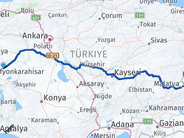 Afyonkarahisar Bayat Malatya Arası Kaç Km - Yol Haritası
