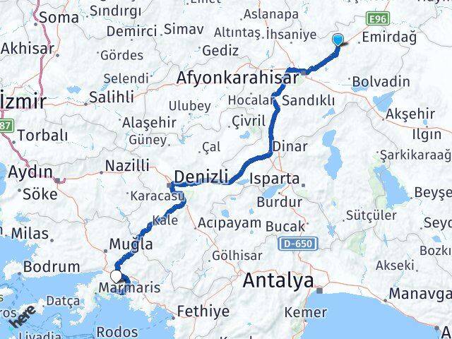 Afyonkarahisar Bayat Muğla Arası Kaç Km - Yol Haritası