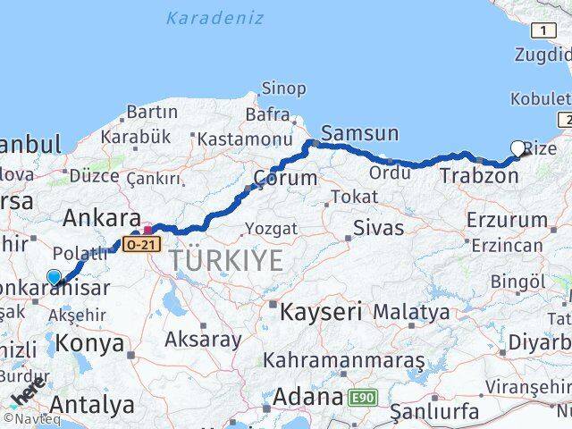 Afyonkarahisar Bayat Rize Arası Kaç Km - Yol Haritası