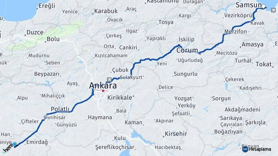 Afyonkarahisar Bayat Samsun Arası Kaç Km - Yol Haritası