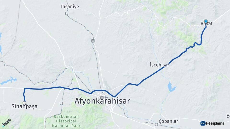 Afyonkarahisar Bayat Sinanpaşa Arası Kaç Km - Yol Haritası