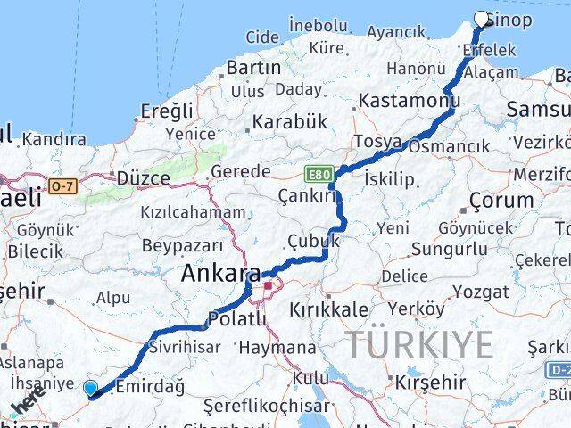 Afyonkarahisar Bayat Sinop Arası Kaç Km - Yol Haritası