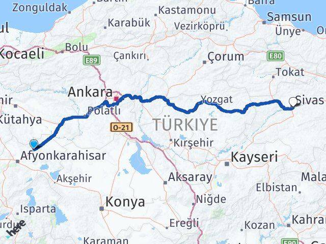 Afyonkarahisar Bayat Sivas Arası Kaç Km - Yol Haritası