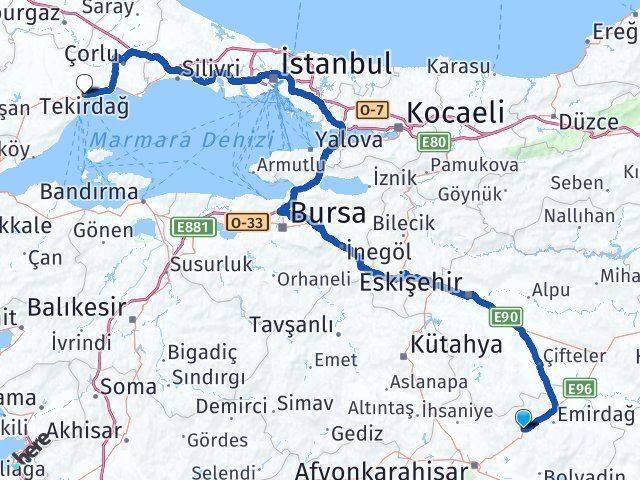 Afyonkarahisar Bayat Tekirdağ Arası Kaç Km - Yol Haritası