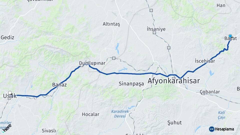 Afyonkarahisar Bayat Uşak Arası Kaç Km - Yol Haritası
