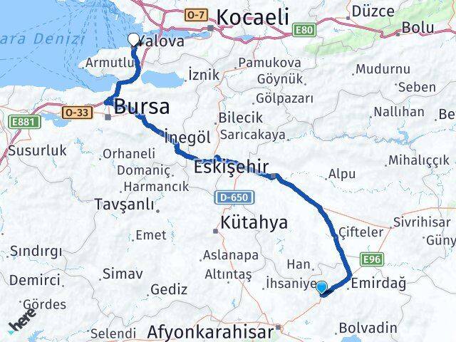 Afyonkarahisar Bayat Yalova Arası Kaç Km - Yol Haritası