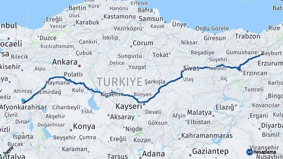 Afyonkarahisar Bayburt Arası Kaç Km - Yol Haritası