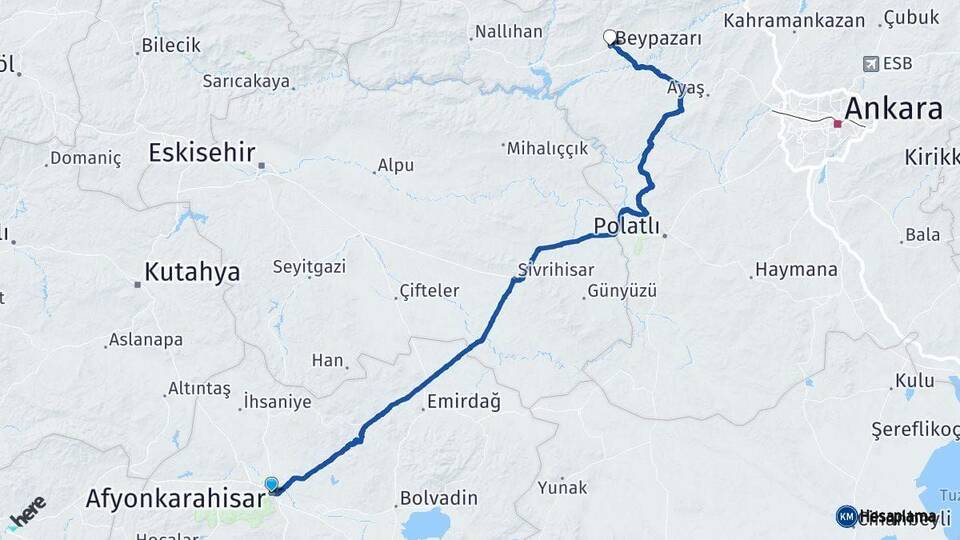 Afyonkarahisar Beypazarı Ankara Arası Kaç Km - Yol Haritası