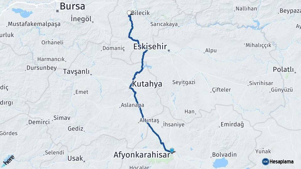 Afyonkarahisar Bilecik Arası Kaç Km - Yol Haritası