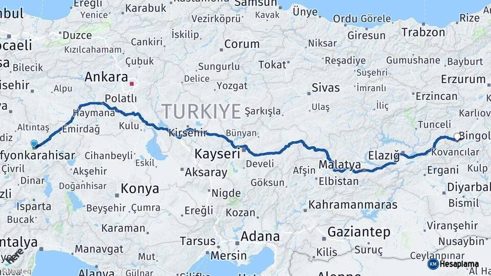 Afyonkarahisar Bingöl Arası Kaç Km - Yol Haritası