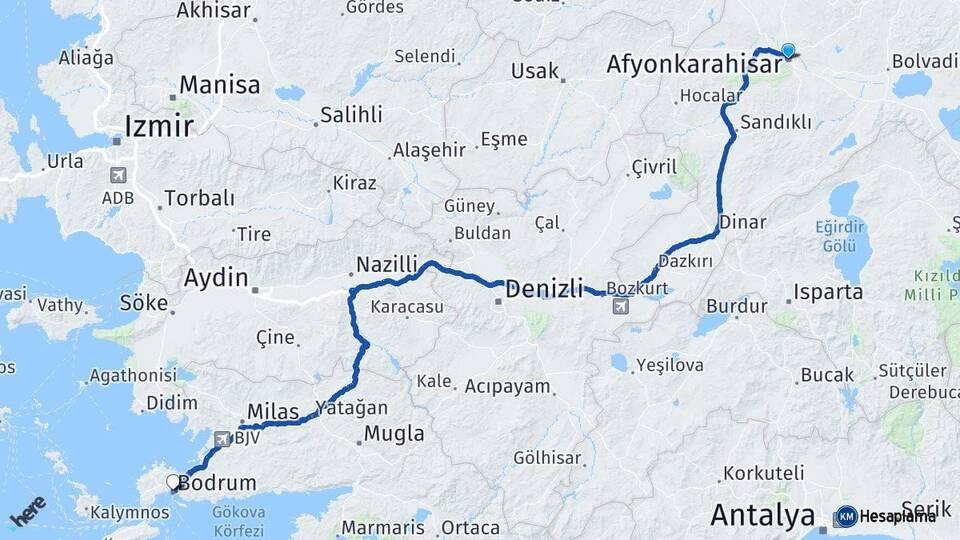 Afyonkarahisar Bodrum Muğla Arası Kaç Km - Yol Haritası