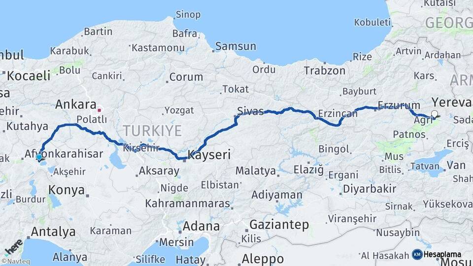 Afyonkarahisar Bolvadin Ağrı Arası Kaç Km - Yol Haritası