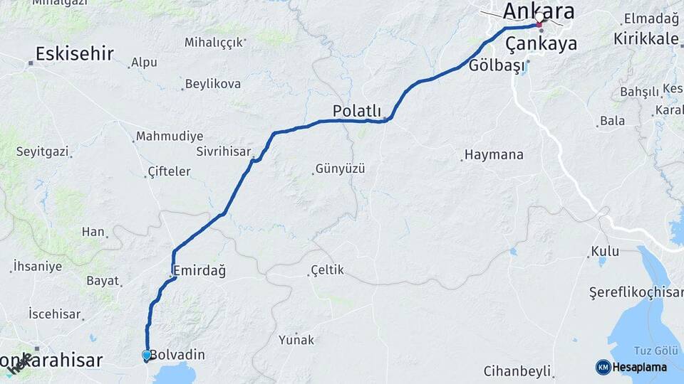 Afyonkarahisar Bolvadin Ankara Arası Kaç Km - Yol Haritası