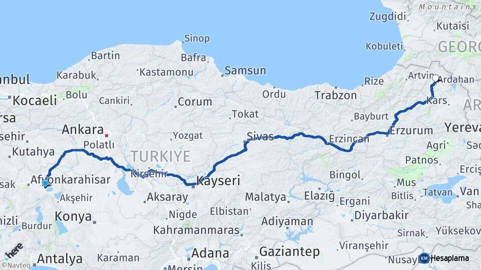 Afyonkarahisar Bolvadin Ardahan Arası Kaç Km - Yol Haritası