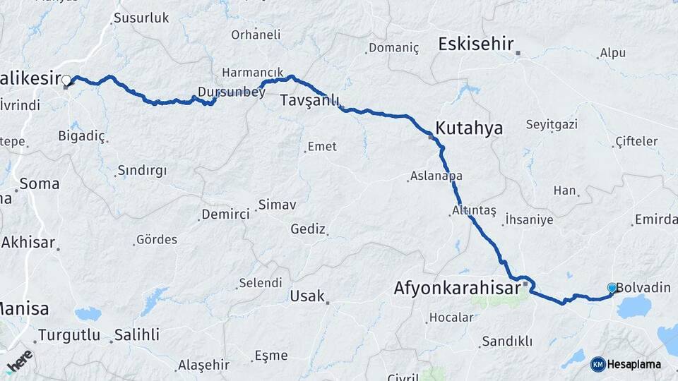 Afyonkarahisar Bolvadin Balıkesir Arası Kaç Km - Yol Haritası