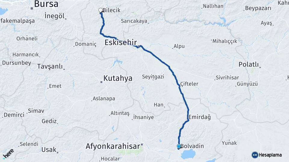 Afyonkarahisar Bolvadin Bilecik Arası Kaç Km - Yol Haritası