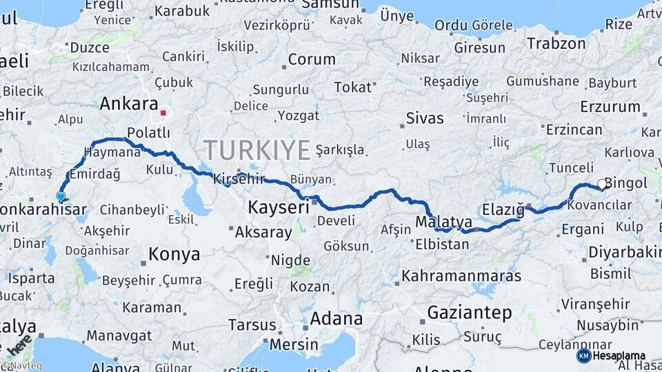 Afyonkarahisar Bolvadin Bingöl Arası Kaç Km - Yol Haritası