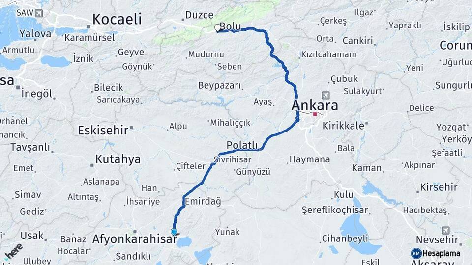 Afyonkarahisar Bolvadin Bolu Arası Kaç Km - Yol Haritası
