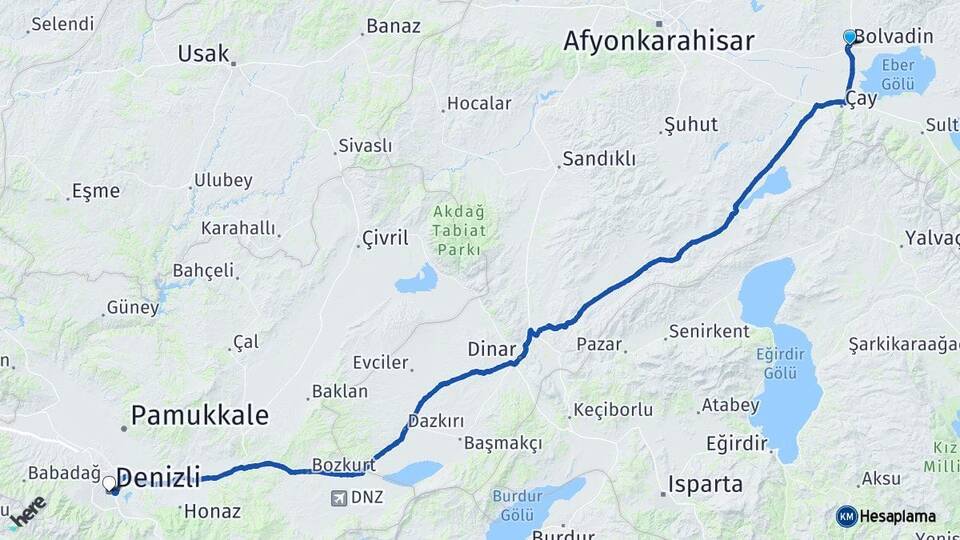 Afyonkarahisar Bolvadin Denizli Arası Kaç Km - Yol Haritası
