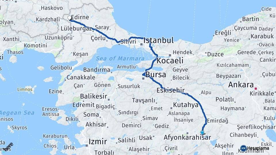 Afyonkarahisar Bolvadin Edirne Arası Kaç Km - Yol Haritası