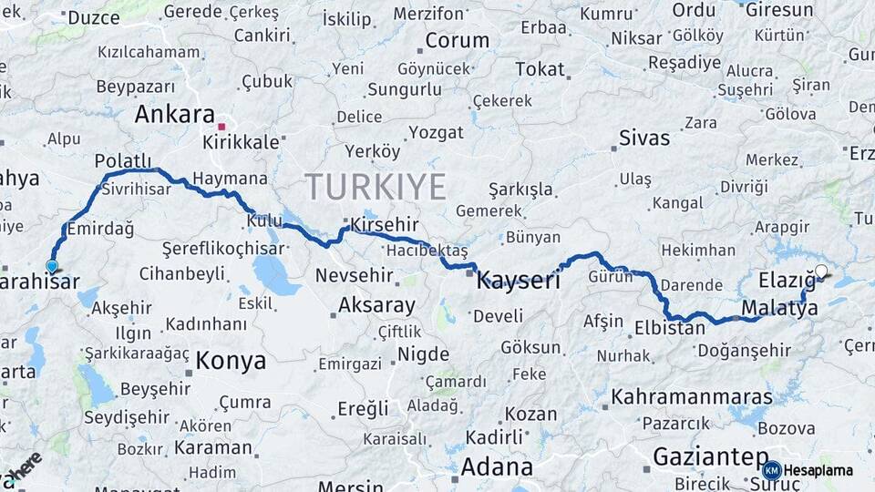 Afyonkarahisar Bolvadin Elazığ Arası Kaç Km - Yol Haritası