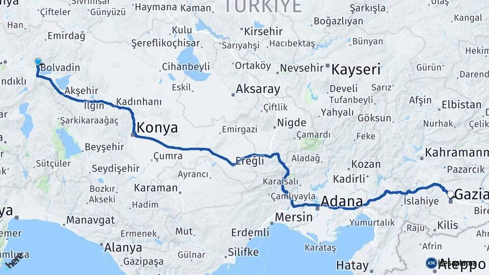 Afyonkarahisar Bolvadin Gaziantep Arası Kaç Km - Yol Haritası