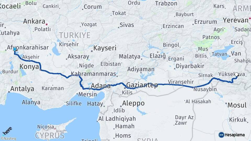 Afyonkarahisar Bolvadin Hakkari Arası Kaç Km - Yol Haritası
