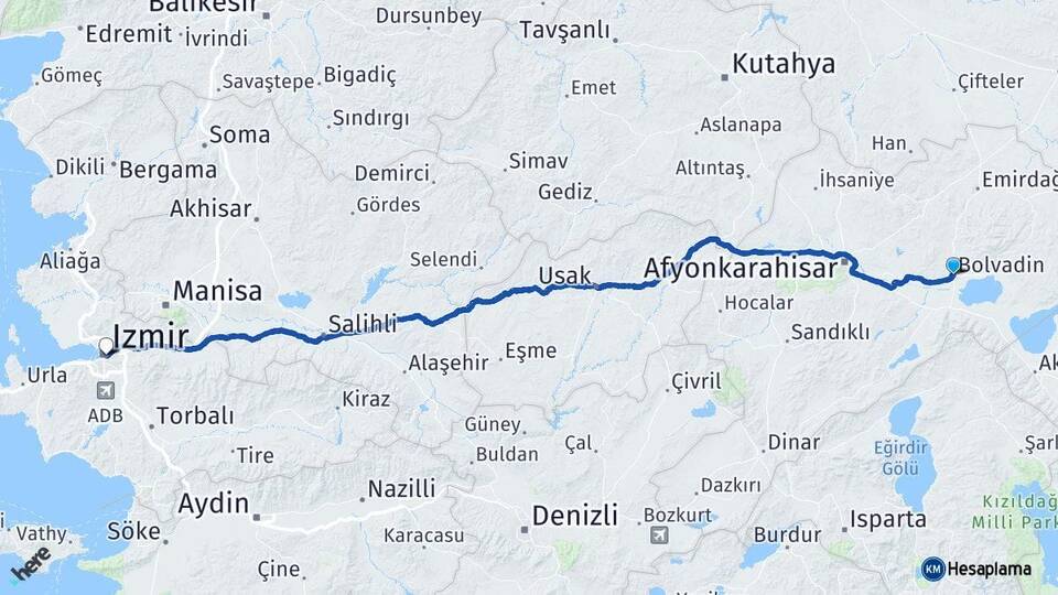 Afyonkarahisar Bolvadin İzmir Arası Kaç Km - Yol Haritası