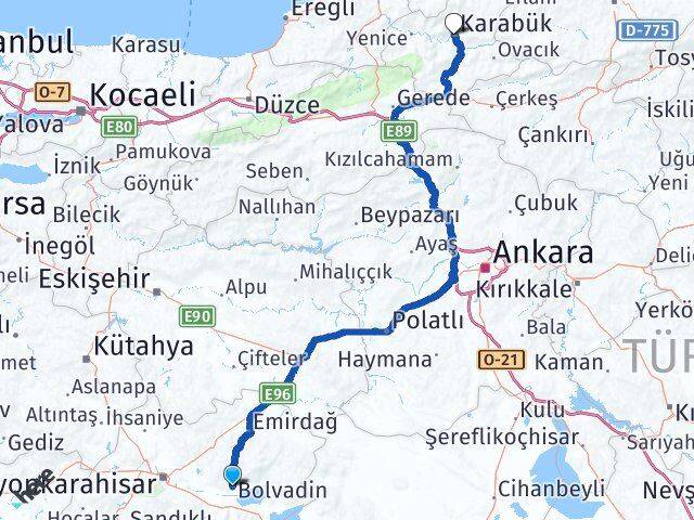 Afyonkarahisar Bolvadin Karabük Arası Kaç Km - Yol Haritası