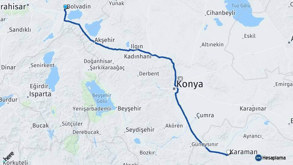 Afyonkarahisar Bolvadin Karaman Arası Kaç Km - Yol Haritası