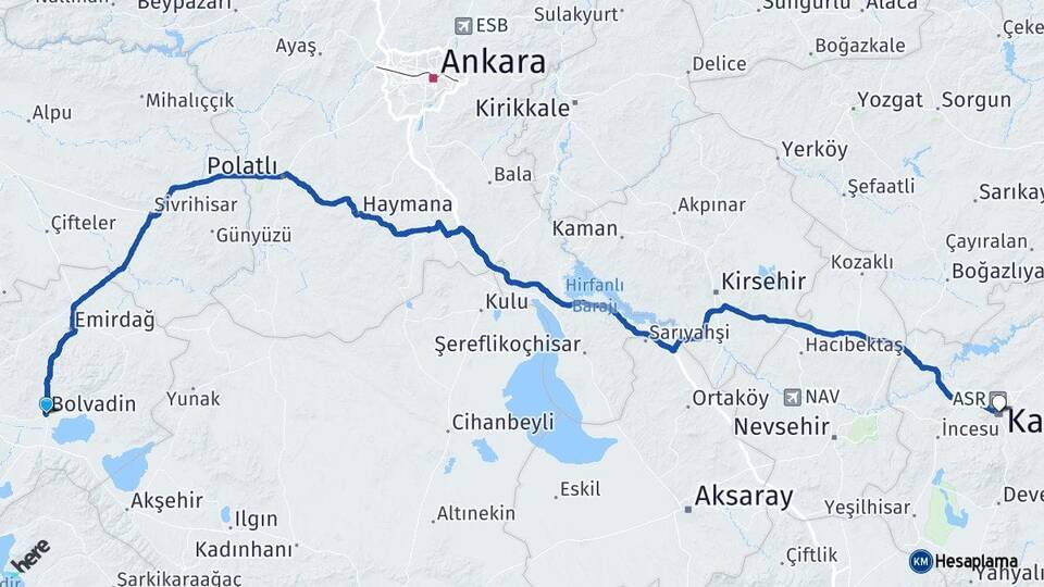 Afyonkarahisar Bolvadin Kayseri Arası Kaç Km - Yol Haritası