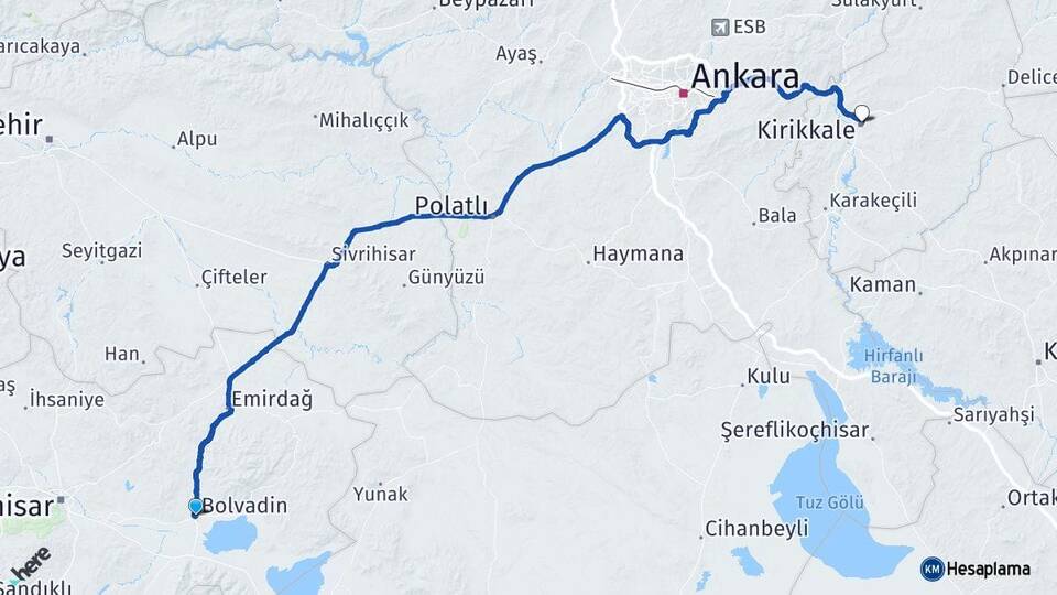 Afyonkarahisar Bolvadin Kırıkkale Arası Kaç Km - Yol Haritası