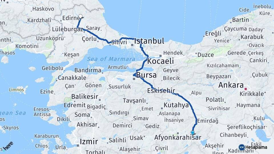 Afyonkarahisar Bolvadin Kırklareli Arası Kaç Km - Yol Haritası