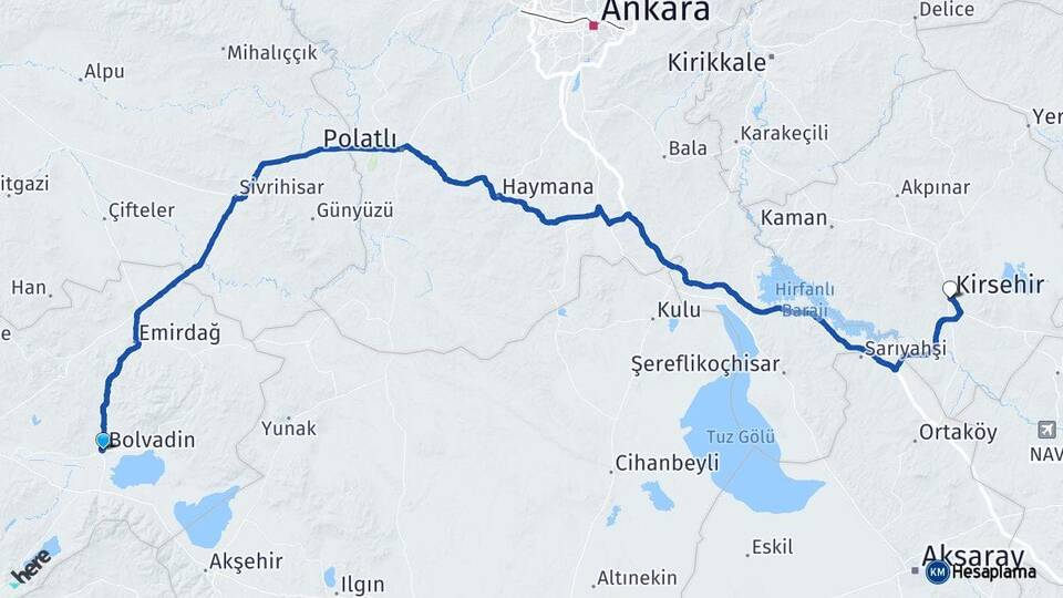Afyonkarahisar Bolvadin Kırşehir Arası Kaç Km - Yol Haritası