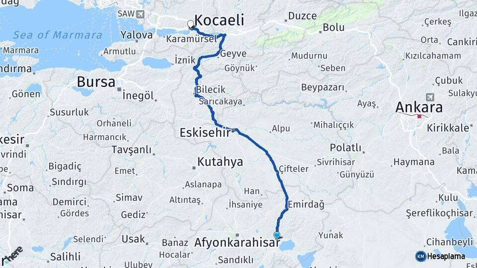 Afyonkarahisar Bolvadin Kocaeli Arası Kaç Km - Yol Haritası