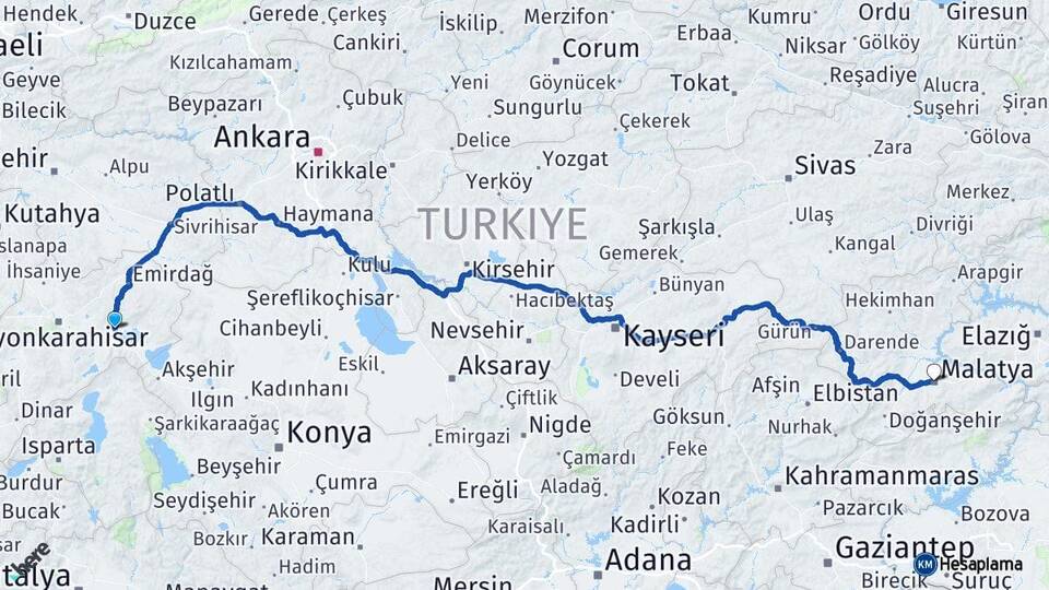 Afyonkarahisar Bolvadin Malatya Arası Kaç Km - Yol Haritası