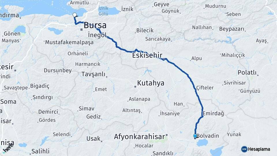Afyonkarahisar Bolvadin Mudanya Bursa Arası Kaç Km - Yol Haritası