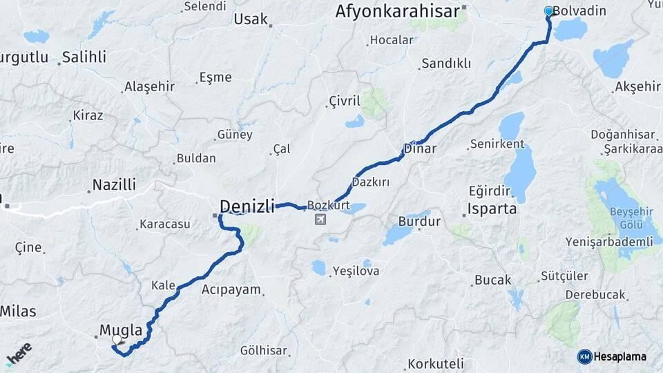 Afyonkarahisar Bolvadin Muğla Arası Kaç Km - Yol Haritası