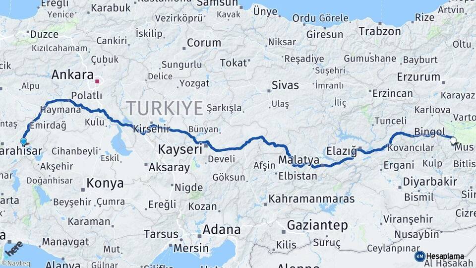 Afyonkarahisar Bolvadin Muş Arası Kaç Km - Yol Haritası